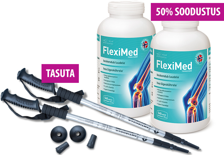 Natural Pharmaceuticals FlexiMed Kaks FlexiMed toidulisandi pakendit, millel on kujutatud põlveliiges, teave 50% allahindluse kohta ja komplekt nordic walking kepid kirjaga „TASUTA”.